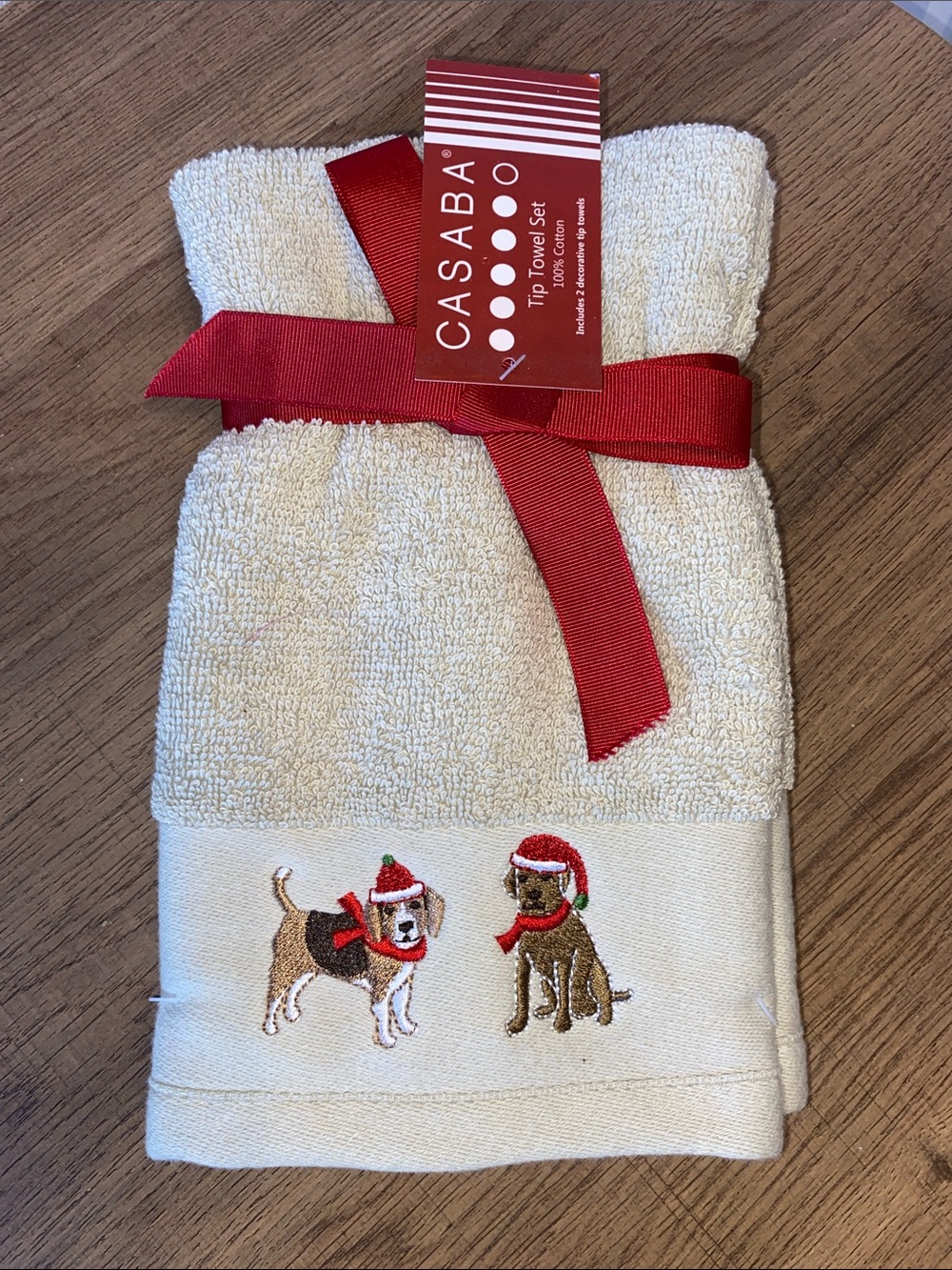 Casaba Christmas Holiday Dog with Santa Hats Embroidered Hand Tip Towels Set NEW